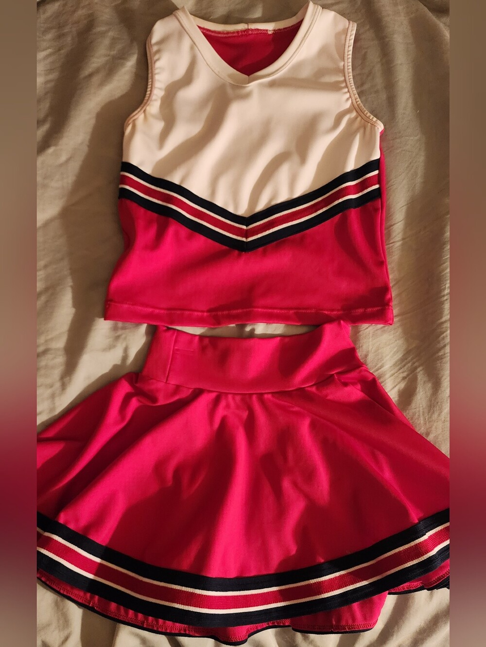 Girls Red Two-Piece Cheer Skirt Set with Striped Trim
